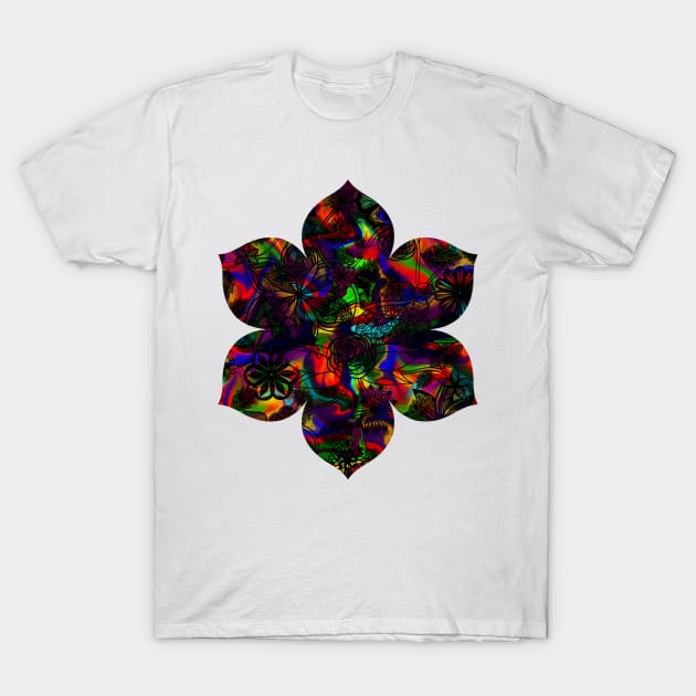 Flight Over Flowers of Fantasy - Black on Rainbow T-Shirt by StephOBrien